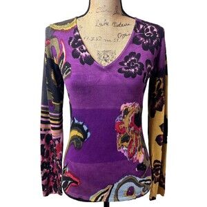 ETCETERA Women Purple Floral Paisley Print Long Sleeve V-Neck Sweater Sz S